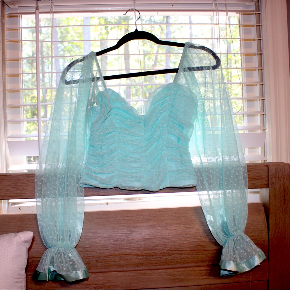 Beautiful Mesh Turquoise Cropped Shirt